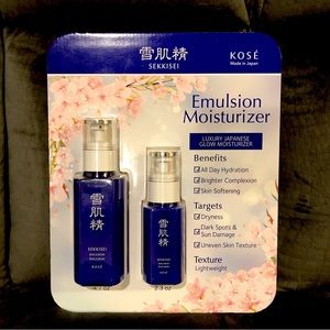 SEKKISEI Kose Emulsion Moisturizer, 4.7 fl oz. and 2.3 fl. Oz. bottles.